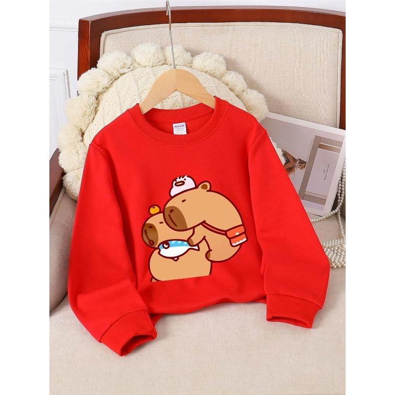 European sizes Kids' Crewneck Sweatshirt - Bear Holding Fish with Hat , Sportswear And Casual Wear, Soft And Comfortable, Children's Clothing