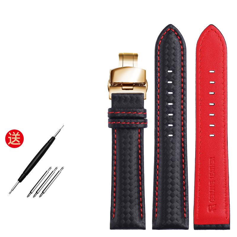 Genuine Leather Bracelet Carbon Fiber Grain Watchband Red Stitching 18mm 20mm 22mm Watch Band Strap Accessories Butterfly Buckle