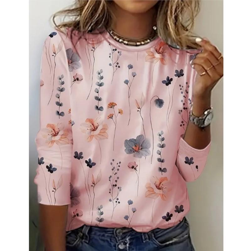 Spring and Autumn Women's Round Neck Pullover Long Sleeved T-shirt Elegant and Fashionable Floral Print T-shirt Womens New Style