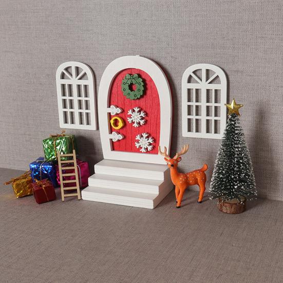 Miniature Christmas Scene Model Handmade Mini Wood Elf Door Festive Holiday Atmosphere Model Dollhouse Decor