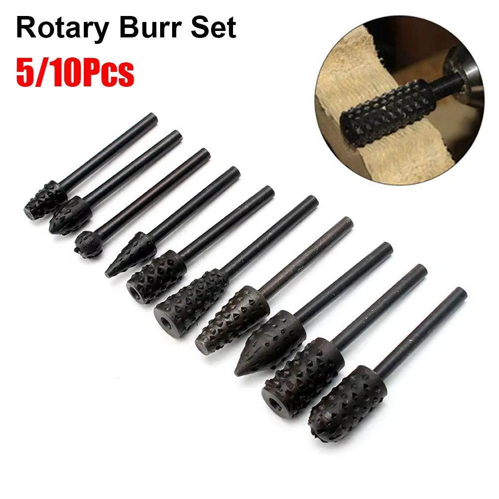 5/10Pcs Black Grey Rotary Burr Set 6mm Shank Grinding Head Drill Bits for Woodworking Root Carving