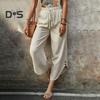 Women Pants Adjustable Drawstring Elastic Waist Casual Trousers Solid Color Wide Leg Loose Pants Daily Wear