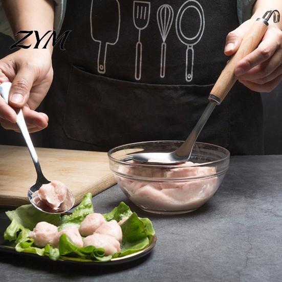 Easy to Clean Utensils Meatball Spoon Maker Tool, Stainless Steel Non-stick Scoop, Molds for Kitchen Long Wooden Handle Shaping Gadget Nonstick Scoop