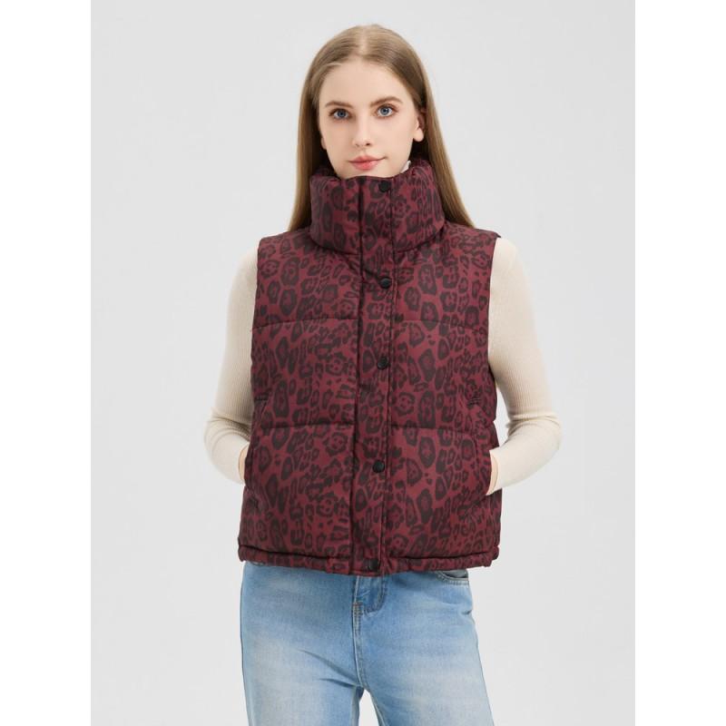 Womens Short Puffer Vest With Leopard Print Stand Collar Zip Front Lightweight Warm Outerwear