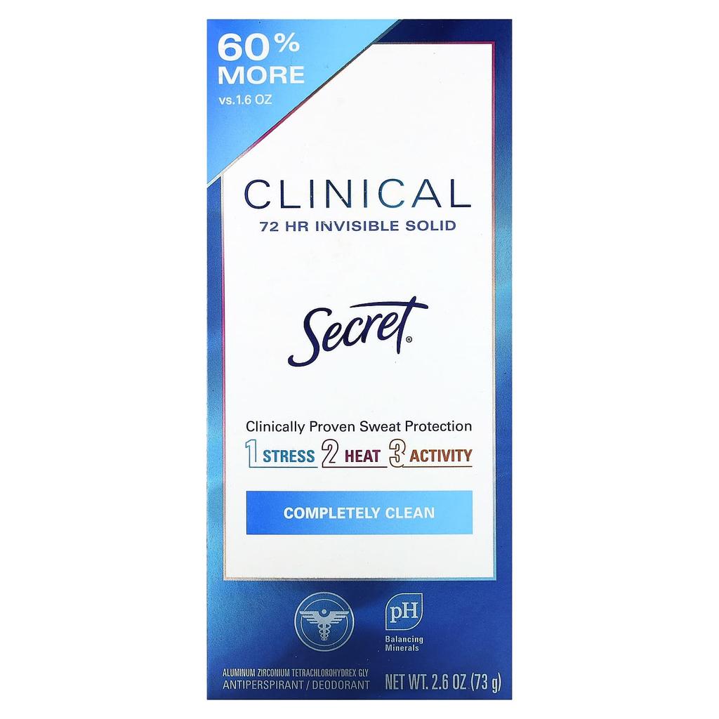 Secret Clinical 72 HR Invisible Solid Deodorant, Completely Clean, 73 G (2.6 Oz)