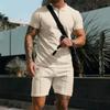 Summer Autumn Men's Polo Neck Waffle Shorts Suit Casual T Shirt Sports Short Sleeve Two-piece Set Trendy Brand
