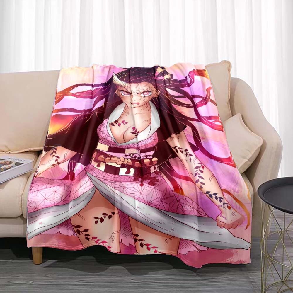 Demon Slayer Flannel Throw Blanket Anime Cartoon Smooth Soft Bedspread Warm Gamer Gift Living Room Sofa Home Bedroom Decor