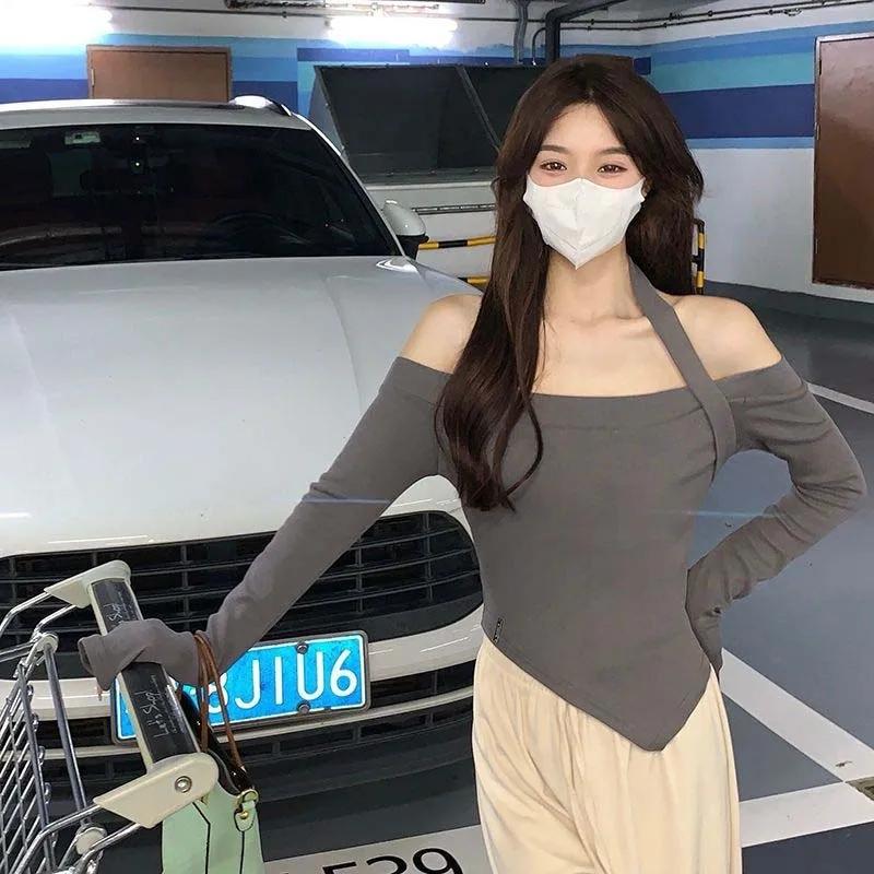 Off Shoulder Cropped Top Sexy Slim Women Thin Sweater Knitted Pullover Hottie Long Sleeve Tight Undershirt Hanging Neck Design