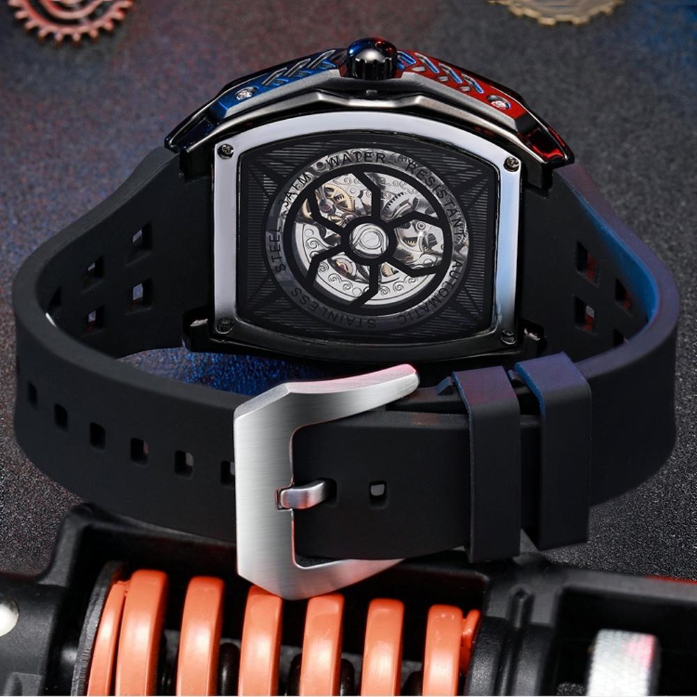 Dulunwe Мужские спортивные часы Tonneau Tourbillon с автоматическим механическим механизмом и фазами Луны, резиновый ремешок, светящиеся наручные часы