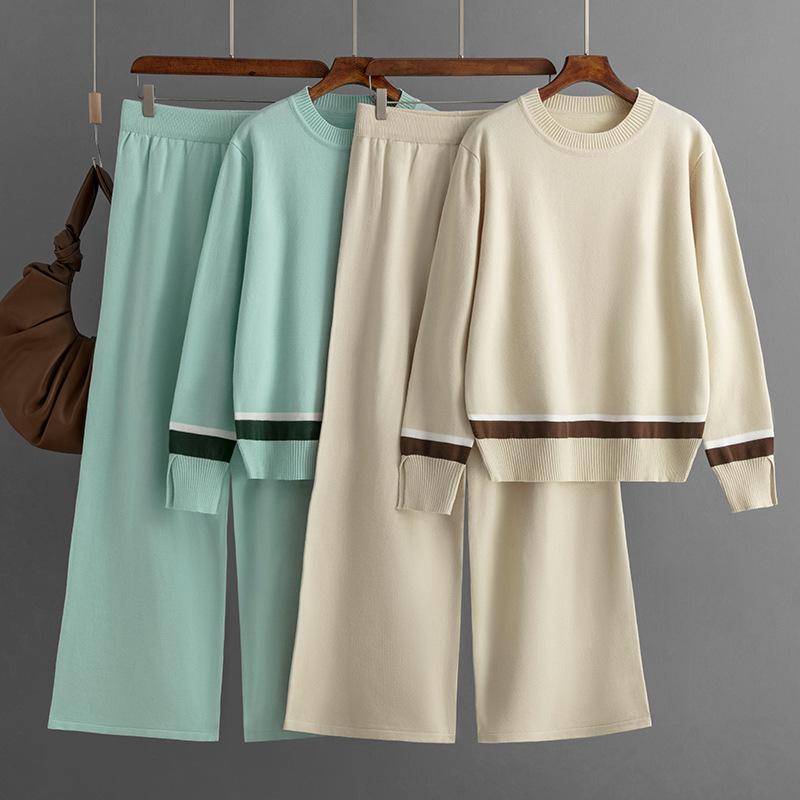 Женский осенне-зимний модный костюм большого размера, рубашка + брюки, повседневные брюки с круглым вырезом, длинными рукавами и разрезами, цветные повседневные брюки с высокой талией