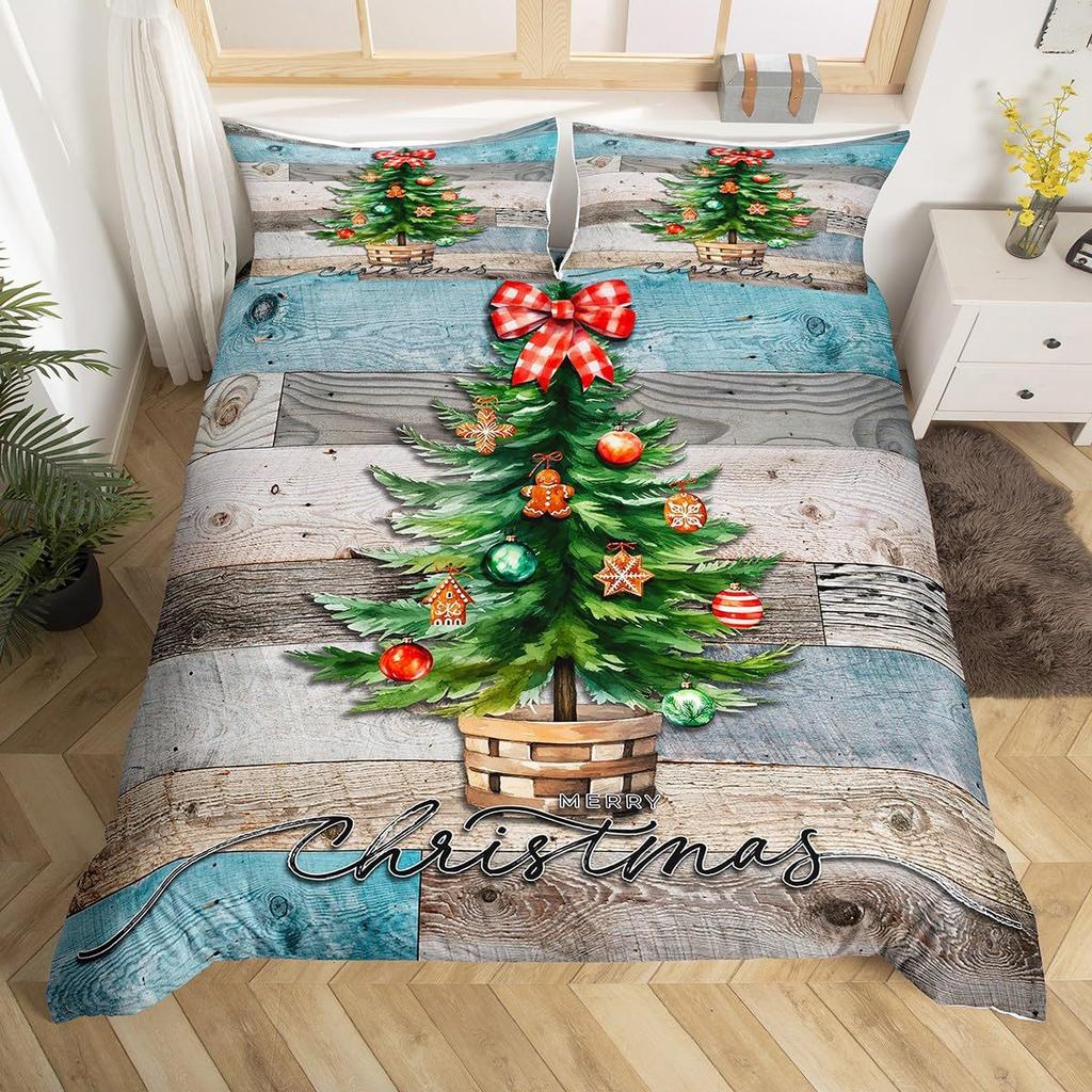 Geometric Grid Christmas Tree Three-Piece Digital Printed Bedding Set Bed Cover