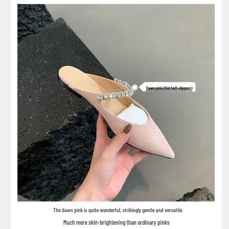 Весна 2025 Туфли Мэри Джейн на плоской подошве с цепочкой из стразов в стиле феи - Лакированная кожа, Заостренный носок, Корейская мягкая подошва