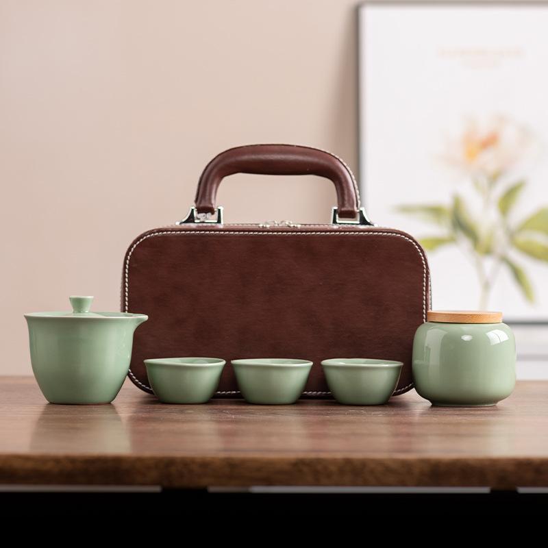 Celadon Ge Kiln Opening Film Can Raise Outdoor Portable Travel Tea Set, One Pot of Three Cups of Kuaike Tea Cup Gifts