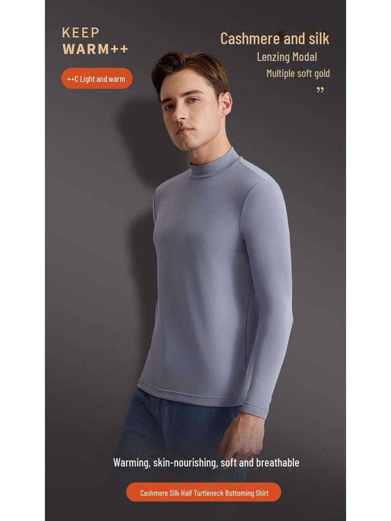 Men's Cashmere Silk Thermal Top with Half-High Collar for Autumn and Winter