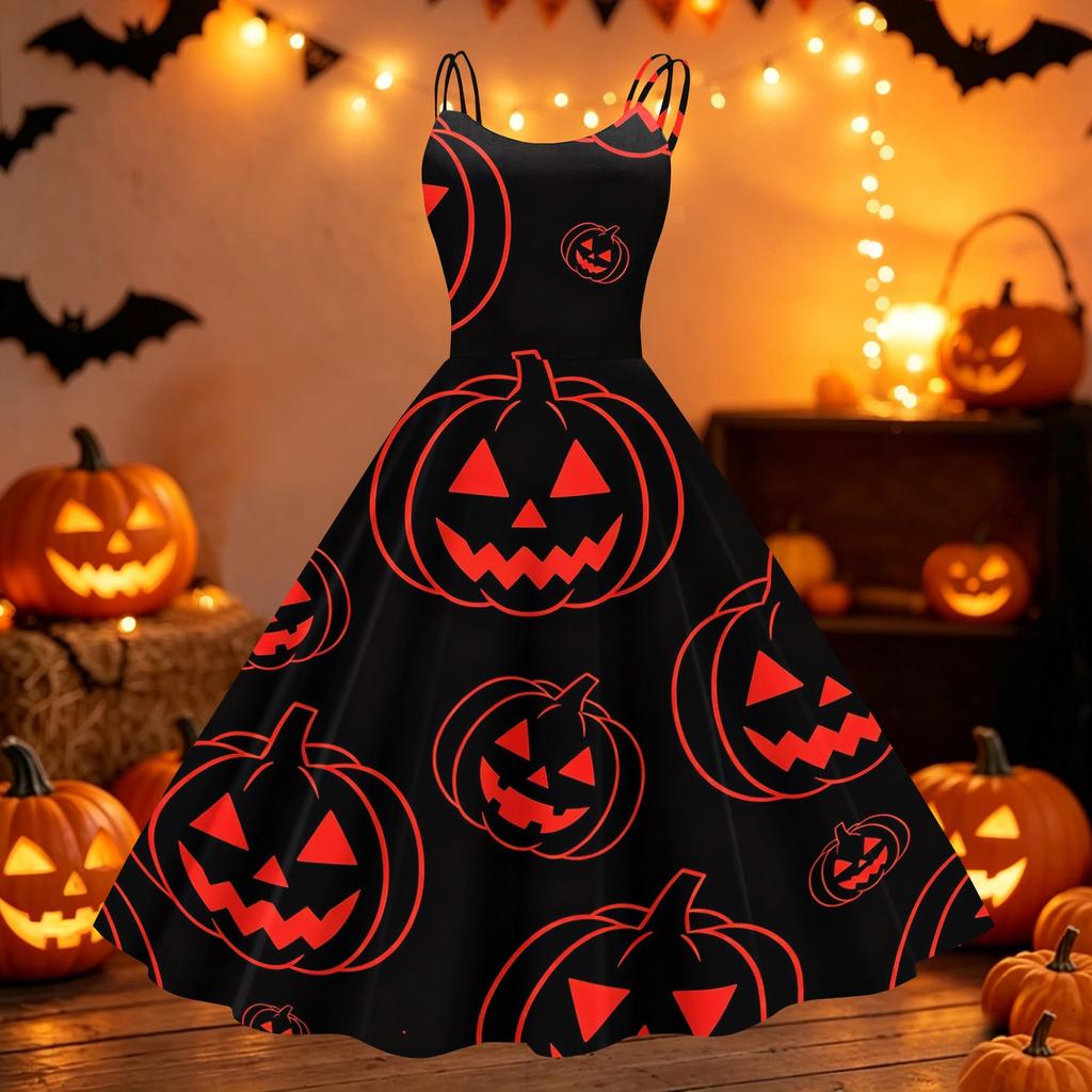 Women Halloween Print Off Shoulder Retro Dress Spaghetti Strap A Line Sleeveless Party Costume Skirt for Holiday Event
