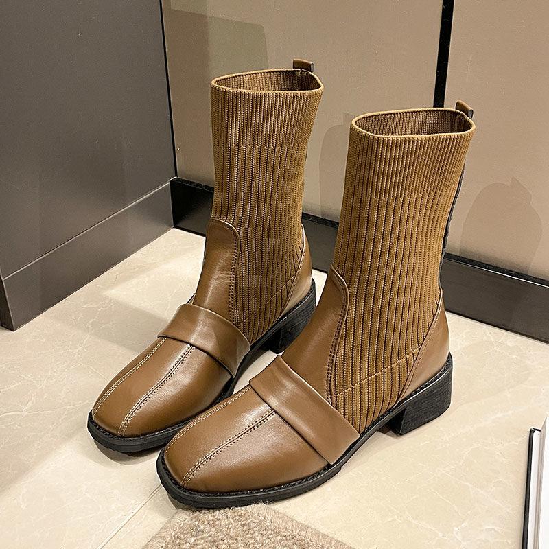 Fashion Women's Ankle Sock Boots Square Toe Booties Elegant with Medium Heels Female Short Shoes High Quality Footwear On Promotion Boot