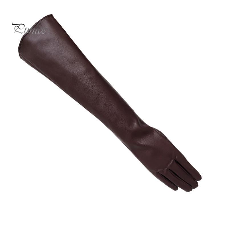 Fashion Lady Solid Color Faux Leather Full Finger Long Arm Gloves Stage Mittens