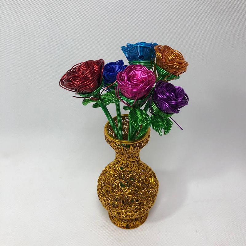 1PC Artificial Flower Couple Rose Gift Handmade Woven Rose Handicrafts Ornaments Aluminum Wire Rose Metal Model 23cm