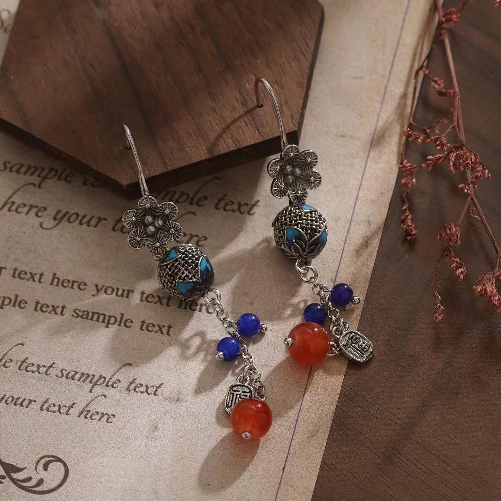JMXD-потрясающе! Новые серьги в китайском стиле с маленькими цветочками и выемкой, выжженные синие серьги с бахромой, интерпретирующие ретро-этнический стиль