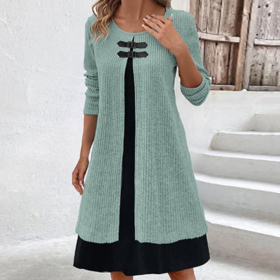 Осенне-весеннее женское платье из двух частей, трапециевидной формы с длинным рукавом, свободный подол, круглая шея, декор с пряжкой, вязаное мягкое цветное платье миди длиной до колена