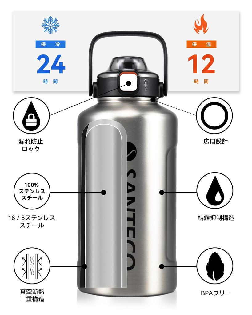 Vacuum Insulated Water Large Keeps Hot or Includes Direct Bottle, Capacity, 1900ml, Cold, Straw, Drinking, Blue-Gray (Stainless Steel) [Product]