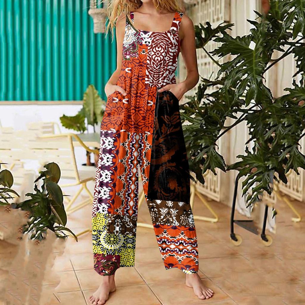 Women's Fashion Casual Loose Back Straps Wide Leg Vintage Printed Jumpsuit