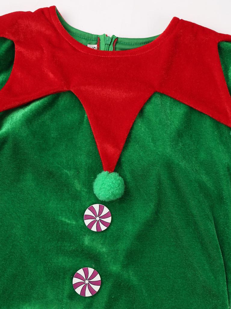 Женский рождественский костюм эльфа Набор из 5 предметов Платье из контрастного бархата с помпоном Пояс на талию Шляпа Полосатые чулки Туфли