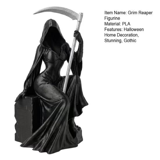 Grim Reaper Figurine with Scythe 3D Printed Mysterious Female Grim Reaper Statue Gothic Spooky Sculpture for Bookshelf Desk
