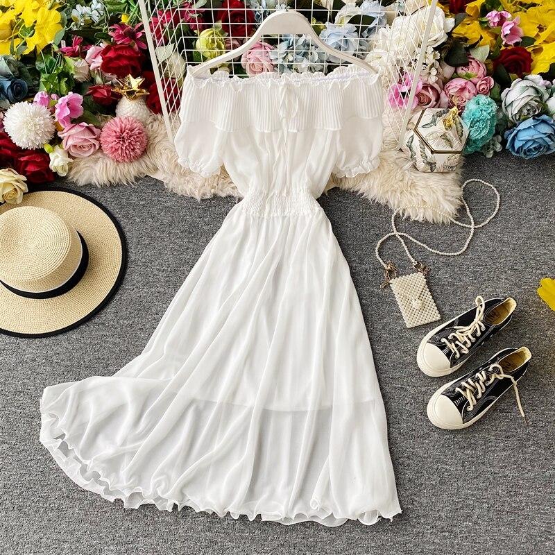 Платье для летних каникул Супер Фея Сладкие плиссированные длинные шифоновые женские платья с воротником с открытыми плечами в западном стиле