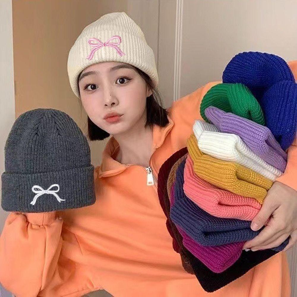 Высококачественные шапки-бини в стиле Y2K, новый дизайн, вышивка бантом, вязаная шапка для девочек, вязаная шапка с бантом для женщин