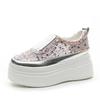 Мода 8,5 см Весенняя сетка Натуральная кожа Женские Вулканизированные Блестящие Модные Массивные Кроссовки Летние Стразы Повседневные Туфли на Платформе и Танкетке