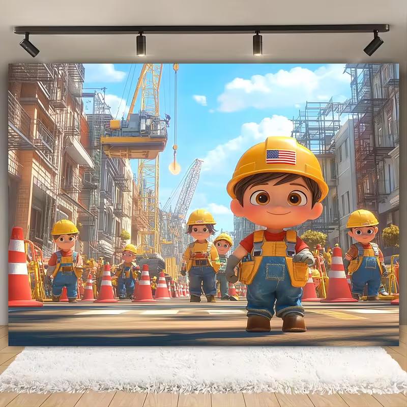 2D Cartoon Crane & Cone Backdrop for Little Builder Birthday Celebration
