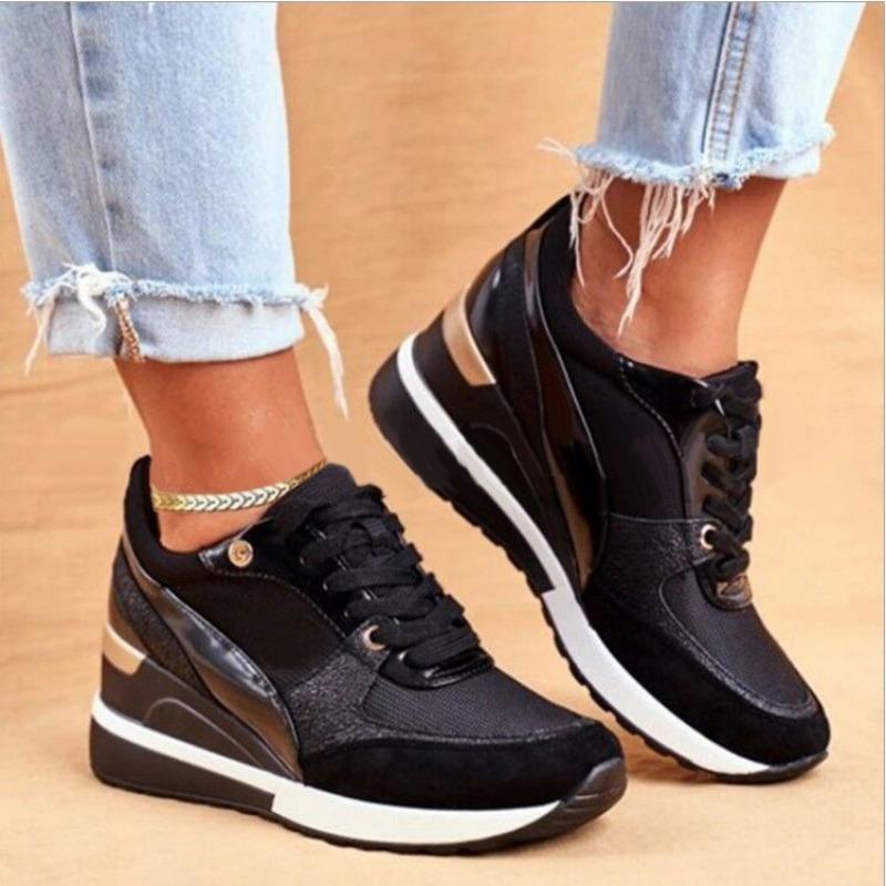 Thick Soled Women's Shoes, Color Blocked Spring Flat Casual Shoes, Sequined Wedge Heel Breathable Sports Shoes