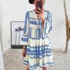 Women's Summer Pleated Short Dress Ruffled 3/4 Sleeve V Neck Button Up Mini Dress Boho Loose Flowy Beach Sundress