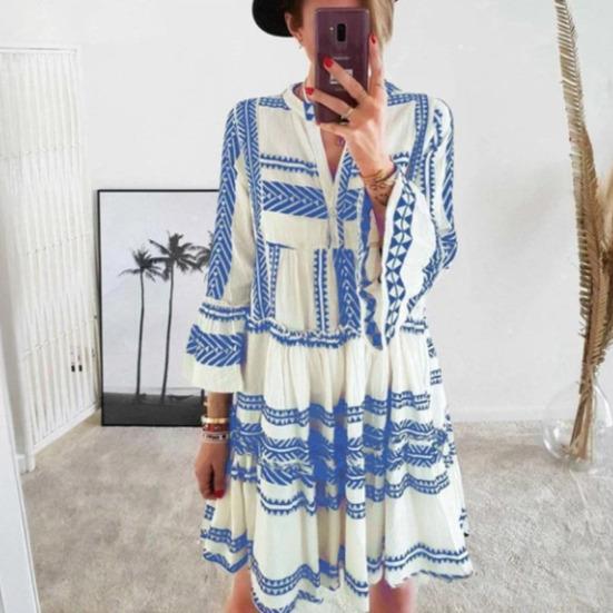 Women's Summer Pleated Short Dress Ruffled 3/4 Sleeve V Neck Button Up Mini Dress Boho Loose Flowy Beach Sundress
