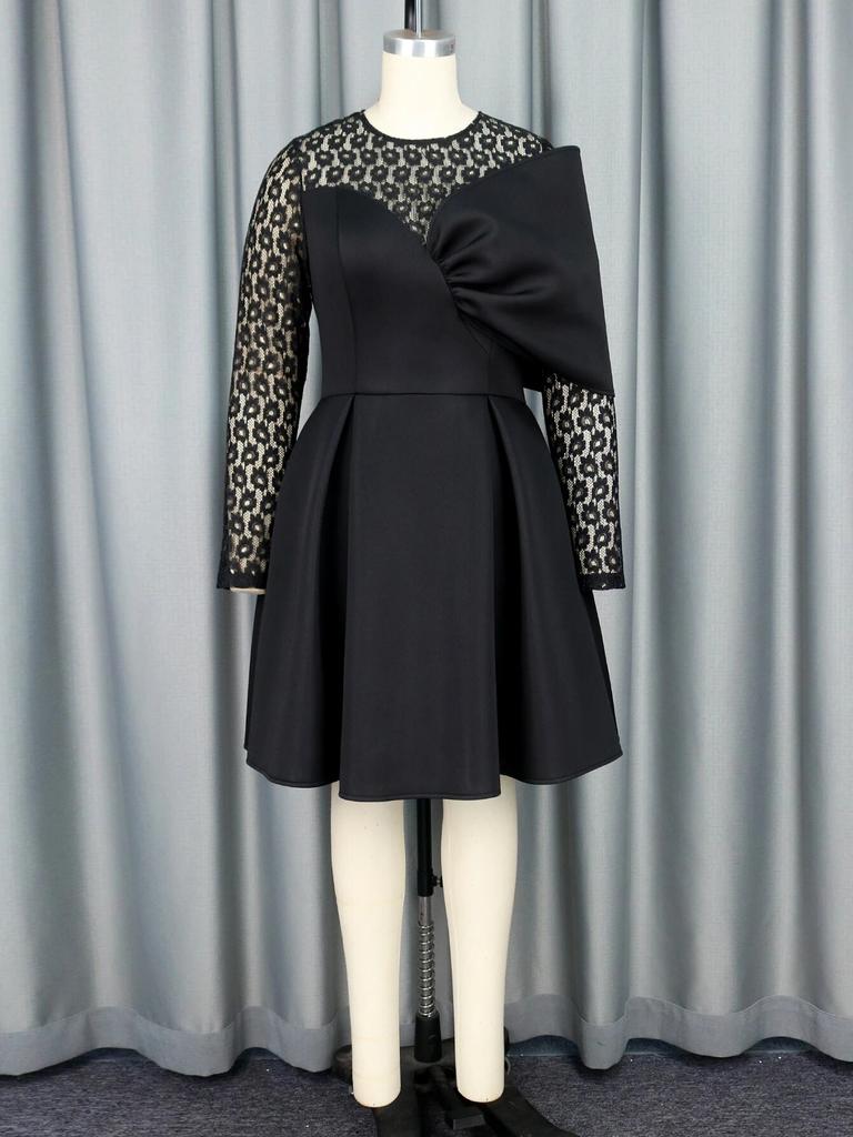 Черное платье трапециевидной формы с круглым вырезом, длинными кружевными рукавами и высокой талией, плиссированные до колена, вечерние бальные платья для коктейлей на день рождения