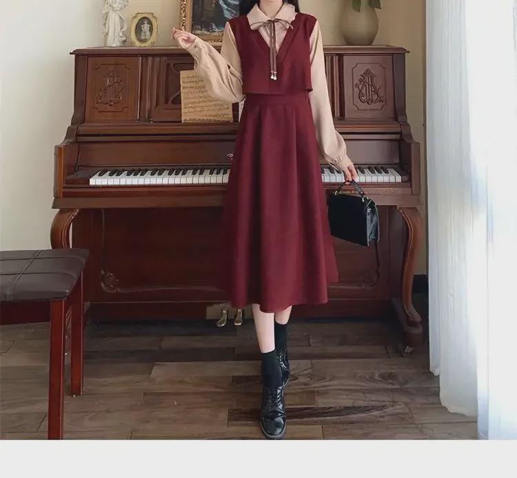 Платье большого размера с высокой талией, многослойное, из двух частей, с эффектом осеннего корейского стиля в колледже