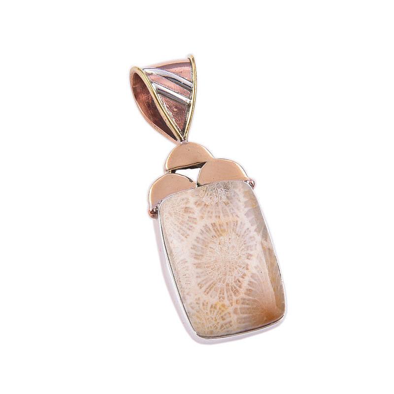 Подвеска из натурального ископаемого коралла из стерлингового серебра 925 пробы в двухцветном исполнении 1,75 дюйма Z4E57