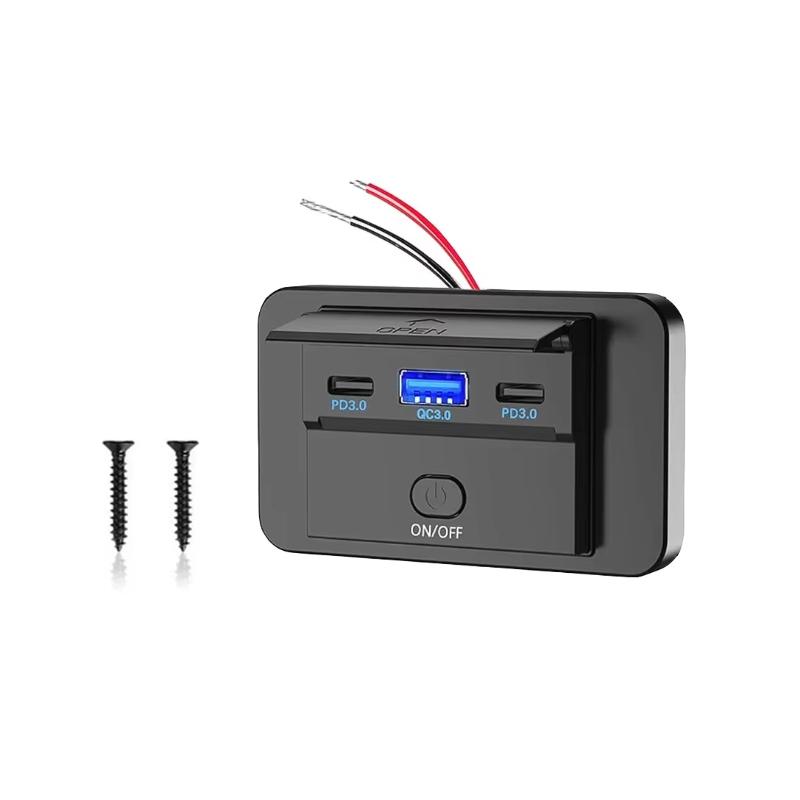 12V RV Type C USB Outlet with Power Switch 36W QC3.0 USB 55W PD Type C Quick Charge Socket with Waterproof Cover for Motorcycle