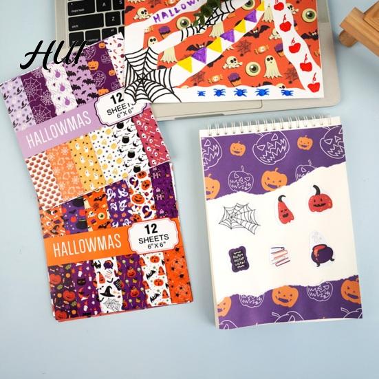 Classic Halloween Elements Stickers 12 Sheets Scrapbook Paper Set, 6x6in Double-Sided Craft Paper, Pumpkin Themed PaperPack Ghost Bat Pattern