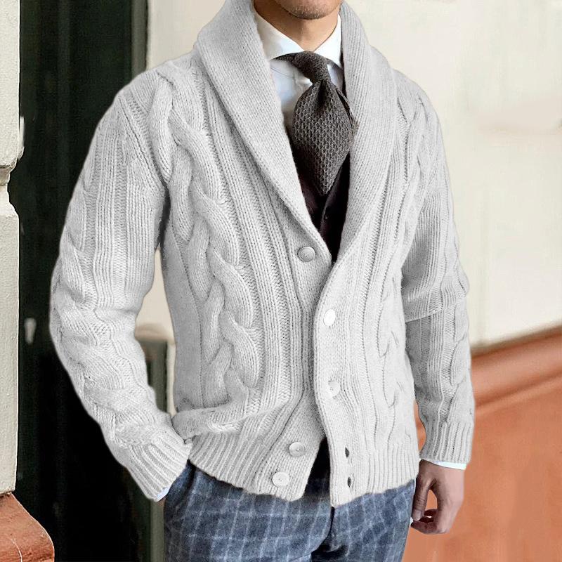 2025 Winter New Knitted Cardigan Men's Turn-down Collar Long Sleeve Twisted Sweater