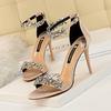 Women's Thin Heel 9CM High Heel Satin Open Toe Diamond One Line Sandals