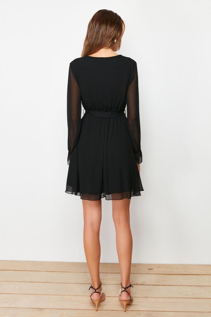 Женское стильное платье Черное двубортное тканое платье с поясом