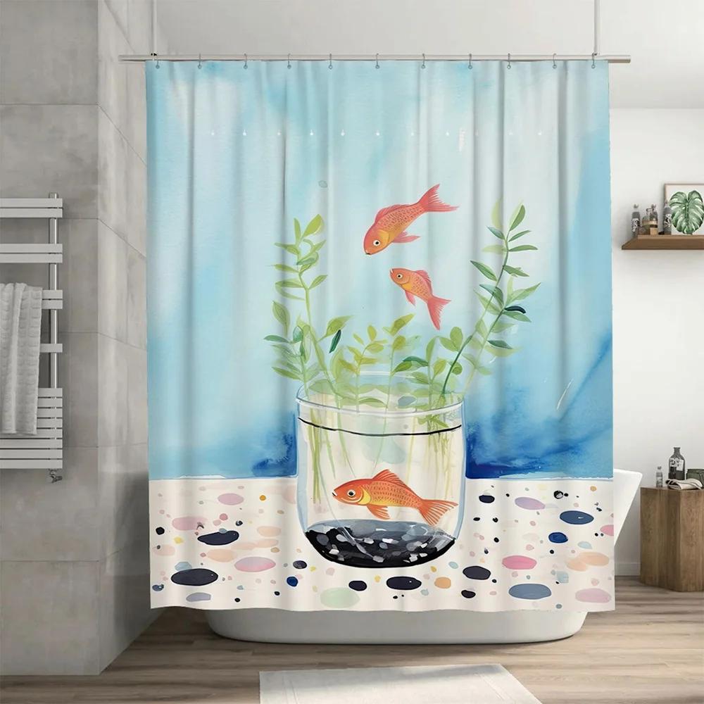 Шторка для ванной Fishbowl Синий фон с зеленью Золотые рыбки Декорации для ванной Водонепроницаемая тканевая шторка для душа в нескольких вариантах