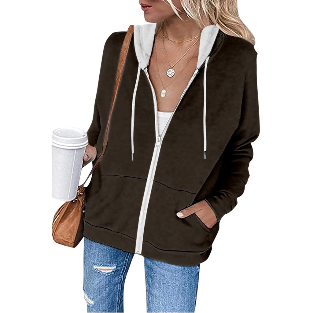 Women's Fashionable Casual Long Sleeve Solid Color Hoodies Zipper Sweatshirts Coat With Pocket