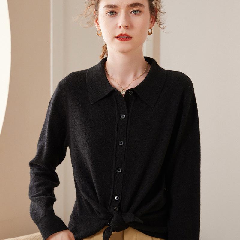Women's Fashion Cashmere Polo Collar Cardigan - Loose Fit, Long Sleeve Knit Sweater for Autumn and Winter.