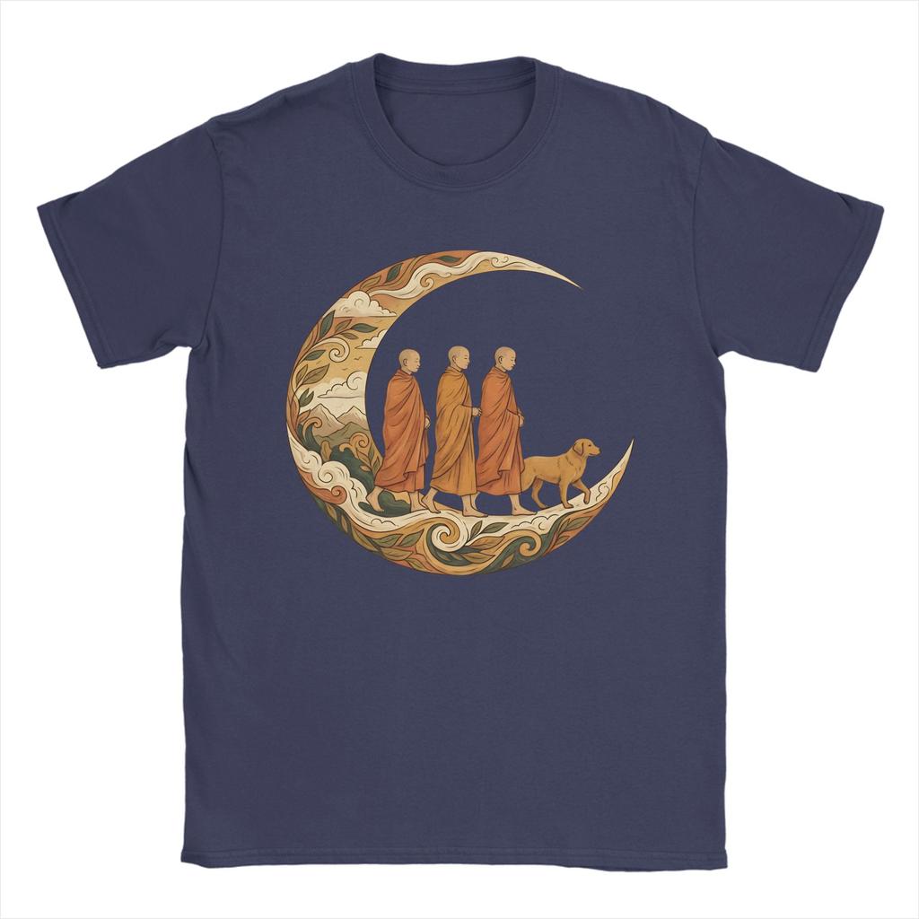 Walking for Peace Monks and Dog in a Crescent Moon Mens T Shirts Crazy Tee Shirt Short Sleeve TShirt Cotton Plus Size Clothes