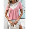 Женская повседневная свободная футболка с коротким рукавом и кружевным лоскутным воротником