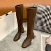 2024 Модные женские черные высокие каблуки-сапоги, новые зимние теплые сапоги до колена, мягкие кожаные сапоги до бедра