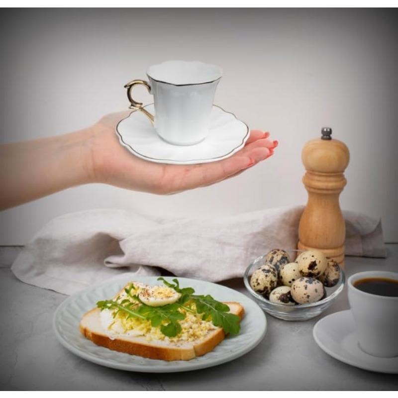 Чашки и блюдца для эспрессо, 2,4 унции, Набор из 12 штук, Золотой ободок, Чашки для эспрессо демитас, Фарфоровые чашки для эспрессо с блюдцем